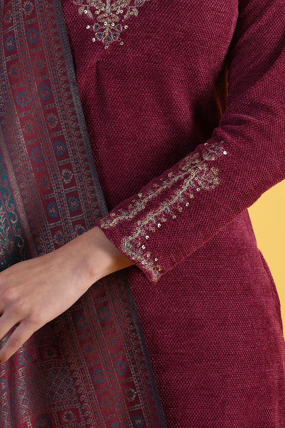 Maroon Solid Metallic Embroidery Straight Kurta &amp; Straight pant with Dupatta Set