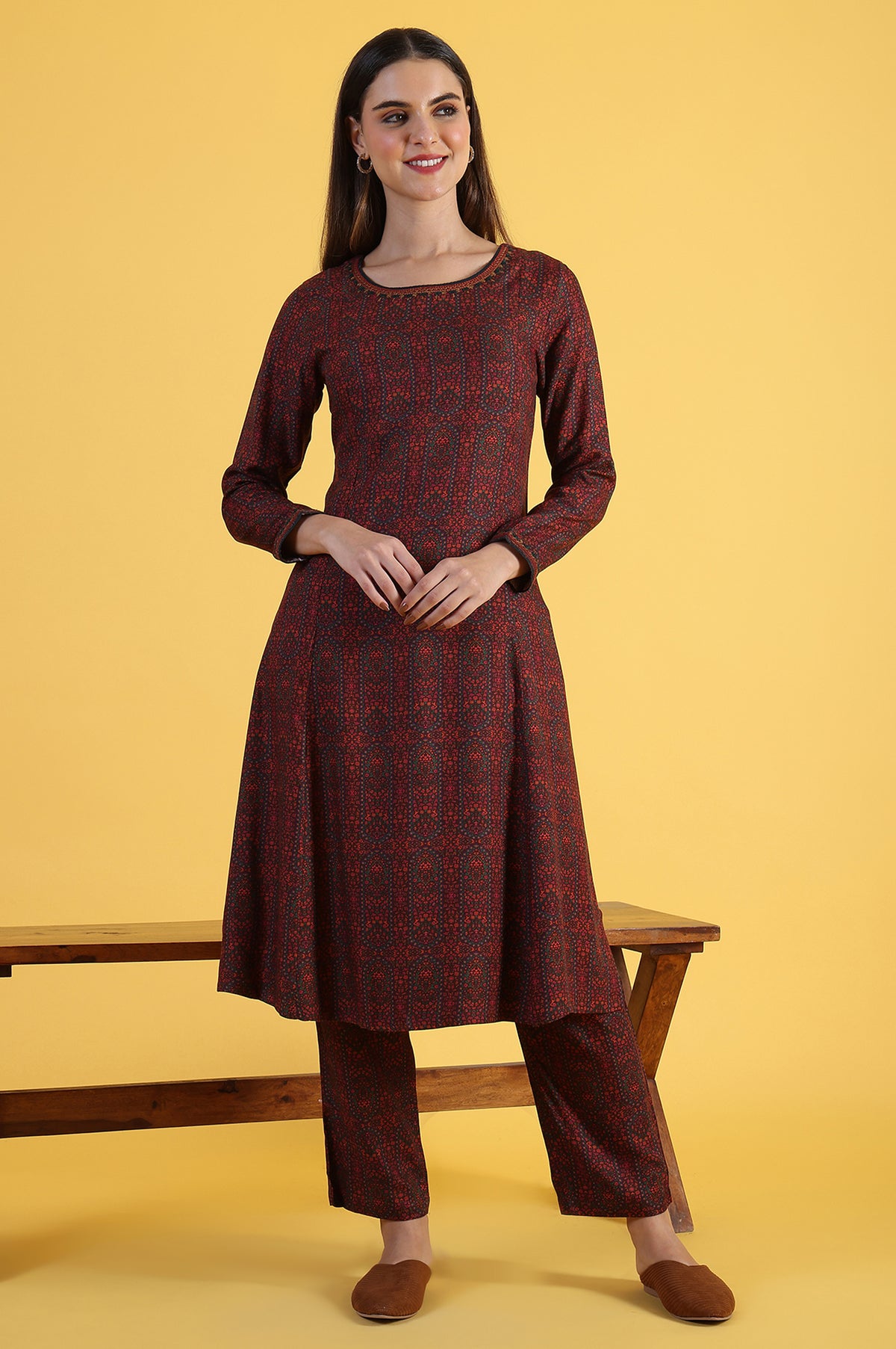 Maroon Printed A-Line Kurta & Straight pant Set - XS