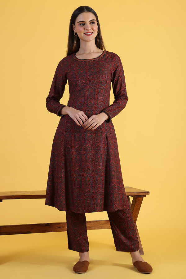Maroon Printed A-Line Kurta & Straight pant Set