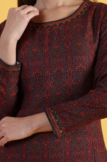 Maroon Printed A-Line Kurta &amp; Straight pant Set
