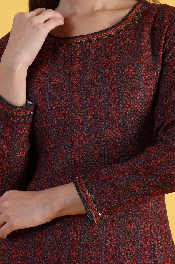 Maroon Printed A-Line Kurta & Straight pant Set