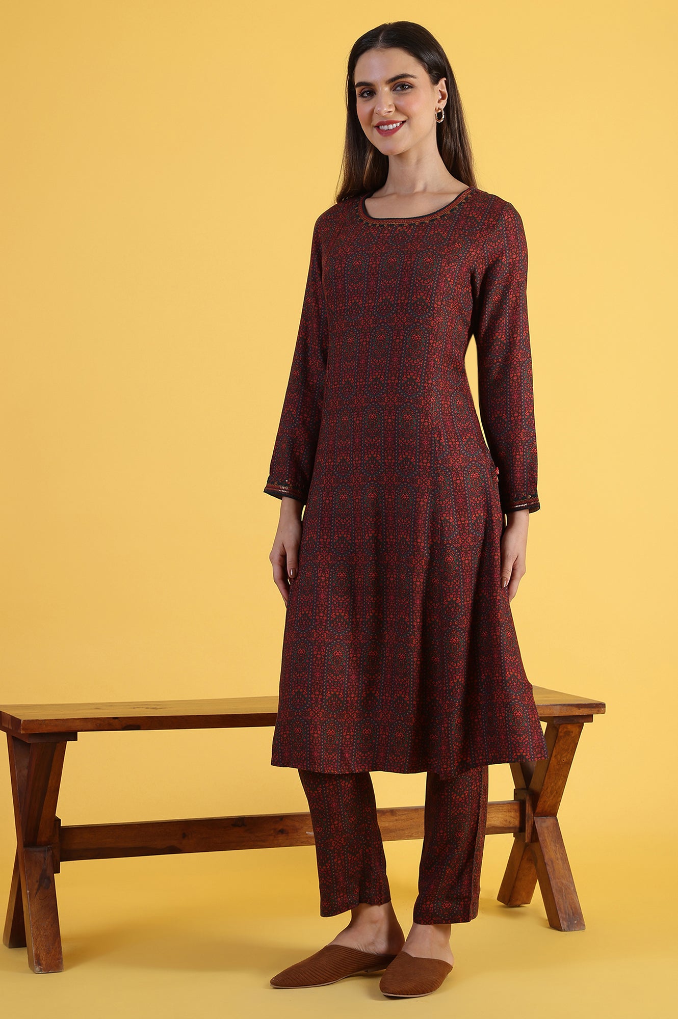 Maroon Printed A-Line Kurta &amp; Straight pant Set