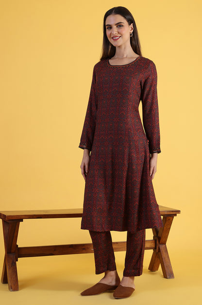 Maroon Printed A-Line Kurta &amp; Straight pant Set