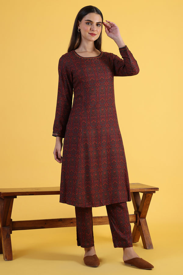 Maroon Printed A-Line Kurta & Straight pant Set