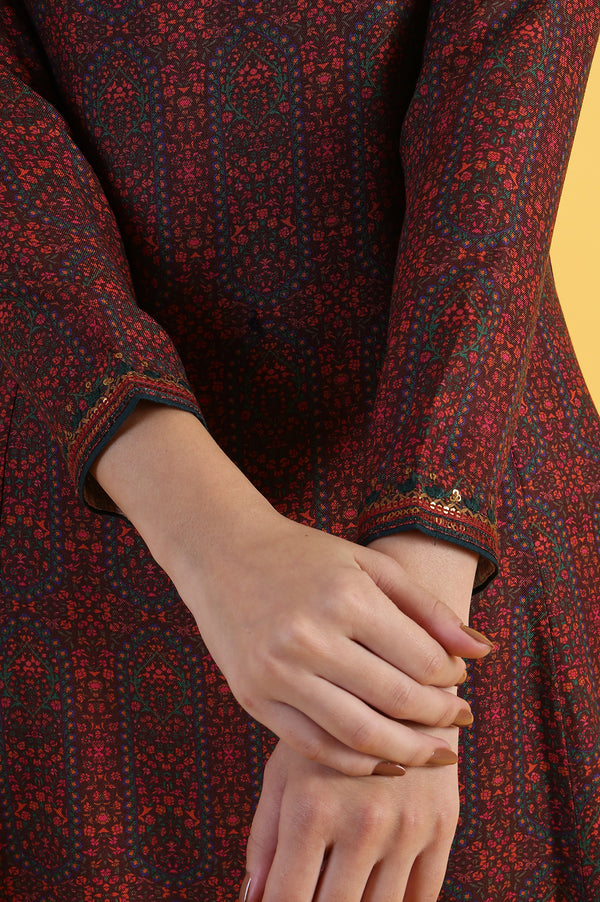 Maroon Printed A-Line Kurta & Straight pant Set