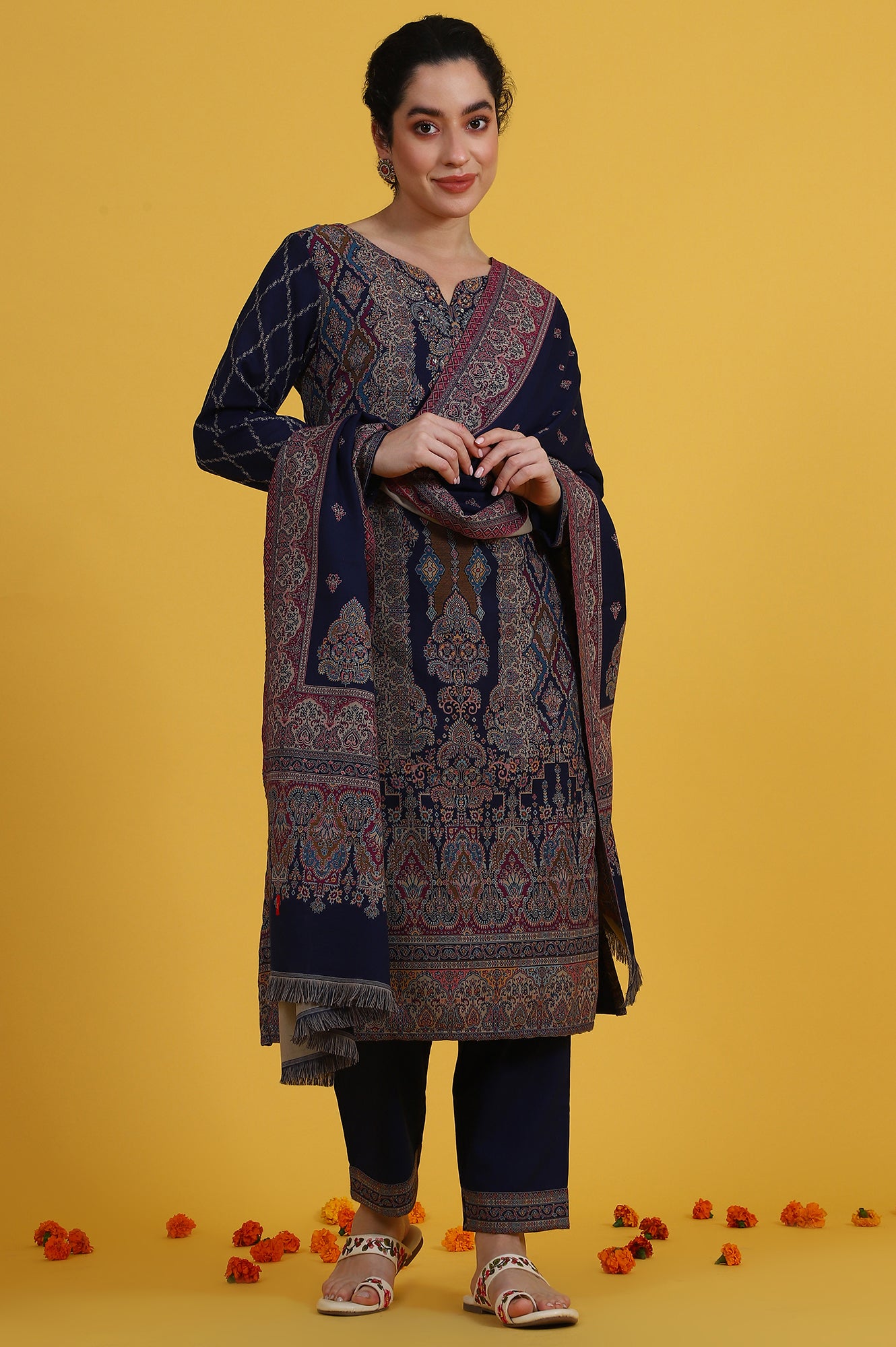 Blue Yarn Dyed Sequins Straight Kurta &amp; Straight pant with Dupatta Set