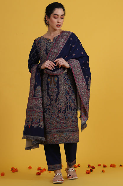 Blue Yarn Dyed Sequins Straight Kurta &amp; Straight pant with Dupatta Set
