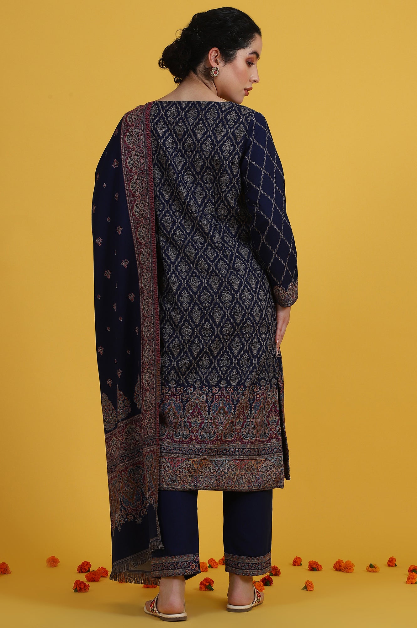 Blue Yarn Dyed Sequins Straight Kurta &amp; Straight pant with Dupatta Set