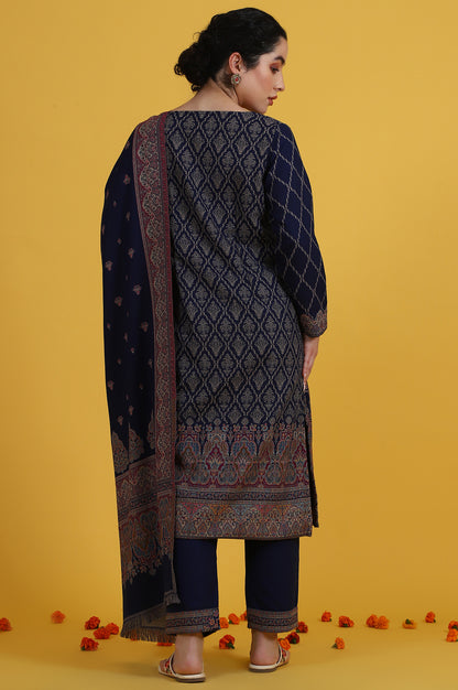 Blue Yarn Dyed Sequins Straight Kurta &amp; Straight pant with Dupatta Set