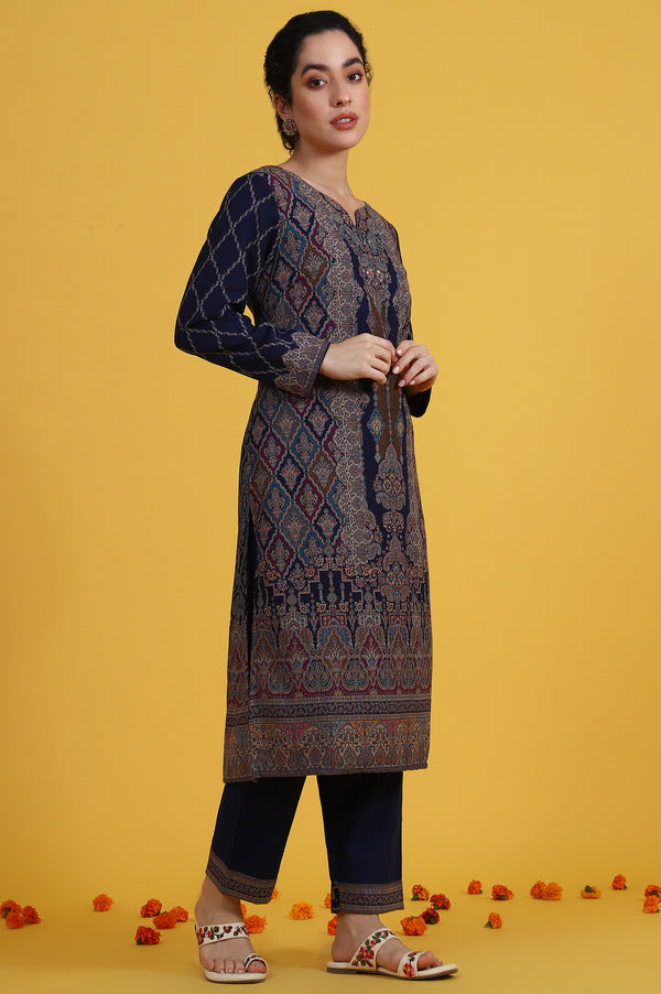 Blue Yarn Dyed Sequins Straight Kurta & Straight pant with Dupatta Set