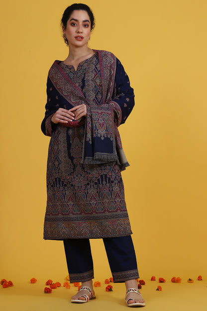 Blue Yarn Dyed Sequins Straight Kurta &amp; Straight pant with Dupatta Set