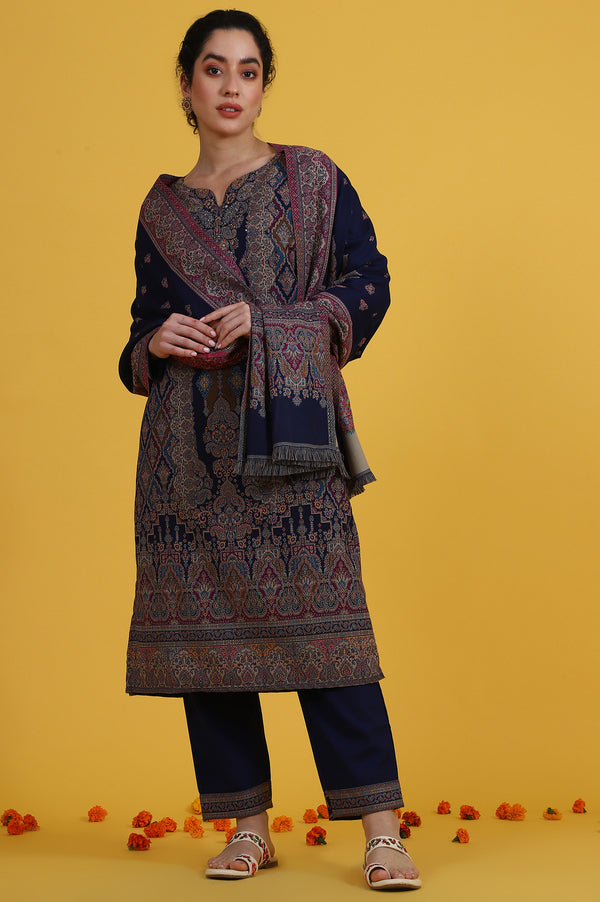 Blue Yarn Dyed Sequins Straight Kurta & Straight pant with Dupatta Set