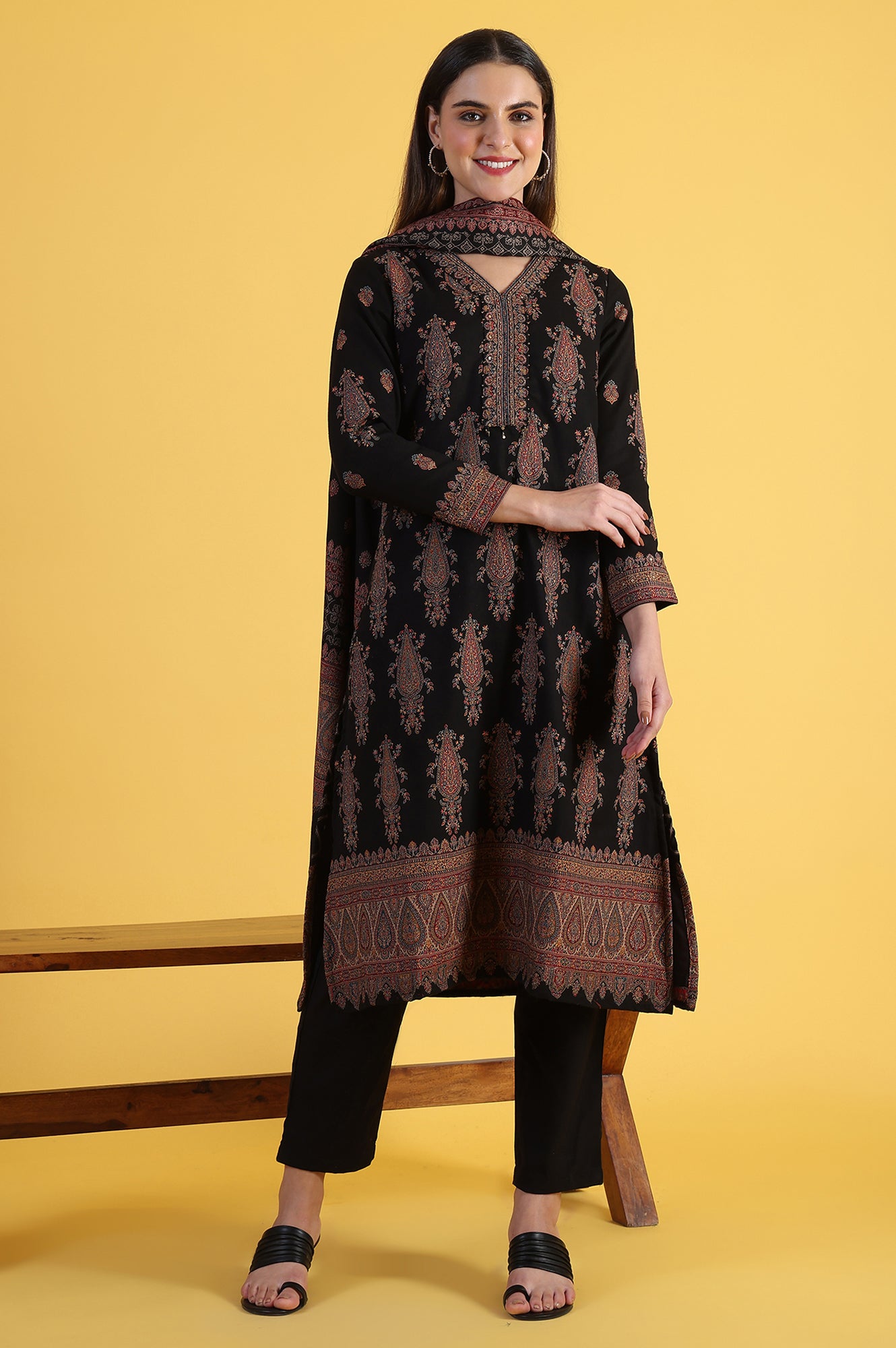 Black Yarn Dyed Sequins Straight Kurta &amp; Straight pant with Dupatta Set