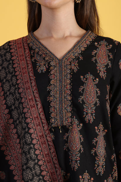 Black Yarn Dyed Sequins Straight Kurta &amp; Straight pant with Dupatta Set