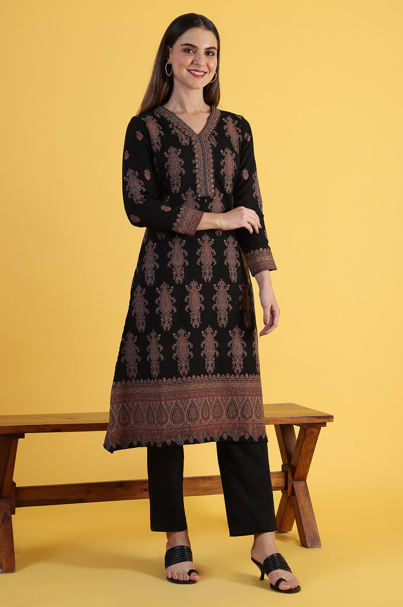 Black Yarn Dyed Sequins Straight Kurta &amp; Straight pant with Dupatta Set