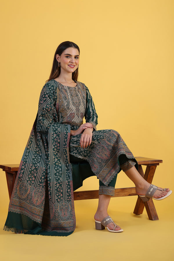 Green Yarn Dyed Sequins Straight Kurta & Straight pant with Dupatta Set
