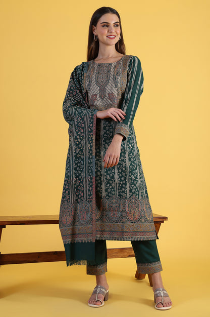 Green Yarn Dyed Sequins Straight Kurta &amp; Straight pant with Dupatta Set