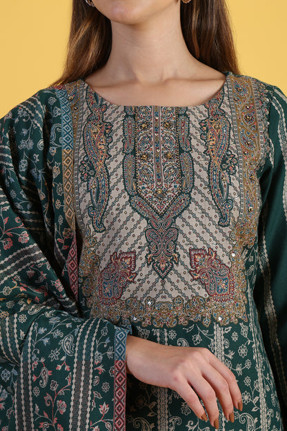 Green Yarn Dyed Sequins Straight Kurta &amp; Straight pant with Dupatta Set