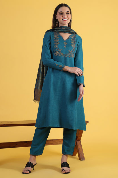Blue Solid Zari Straight Kurta &amp; Straight pant with Shawl Set
