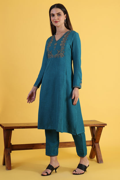 Blue Solid Zari Straight Kurta &amp; Straight pant with Shawl Set