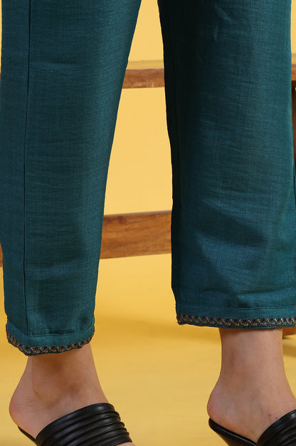 Blue Solid Zari Straight Kurta &amp; Straight pant with Shawl Set