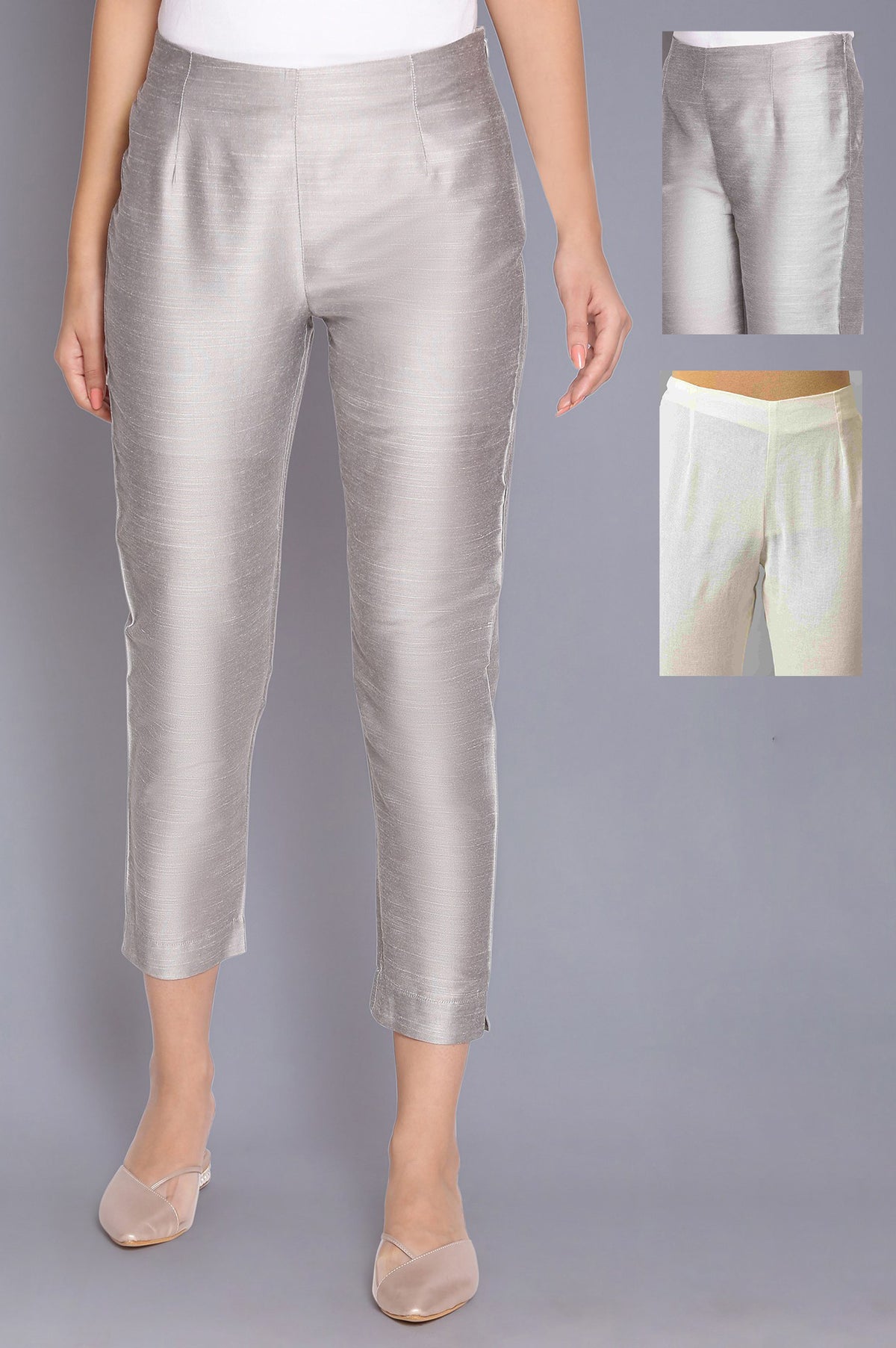 White Embroidered And Silver Fitted Pants Combo - XS