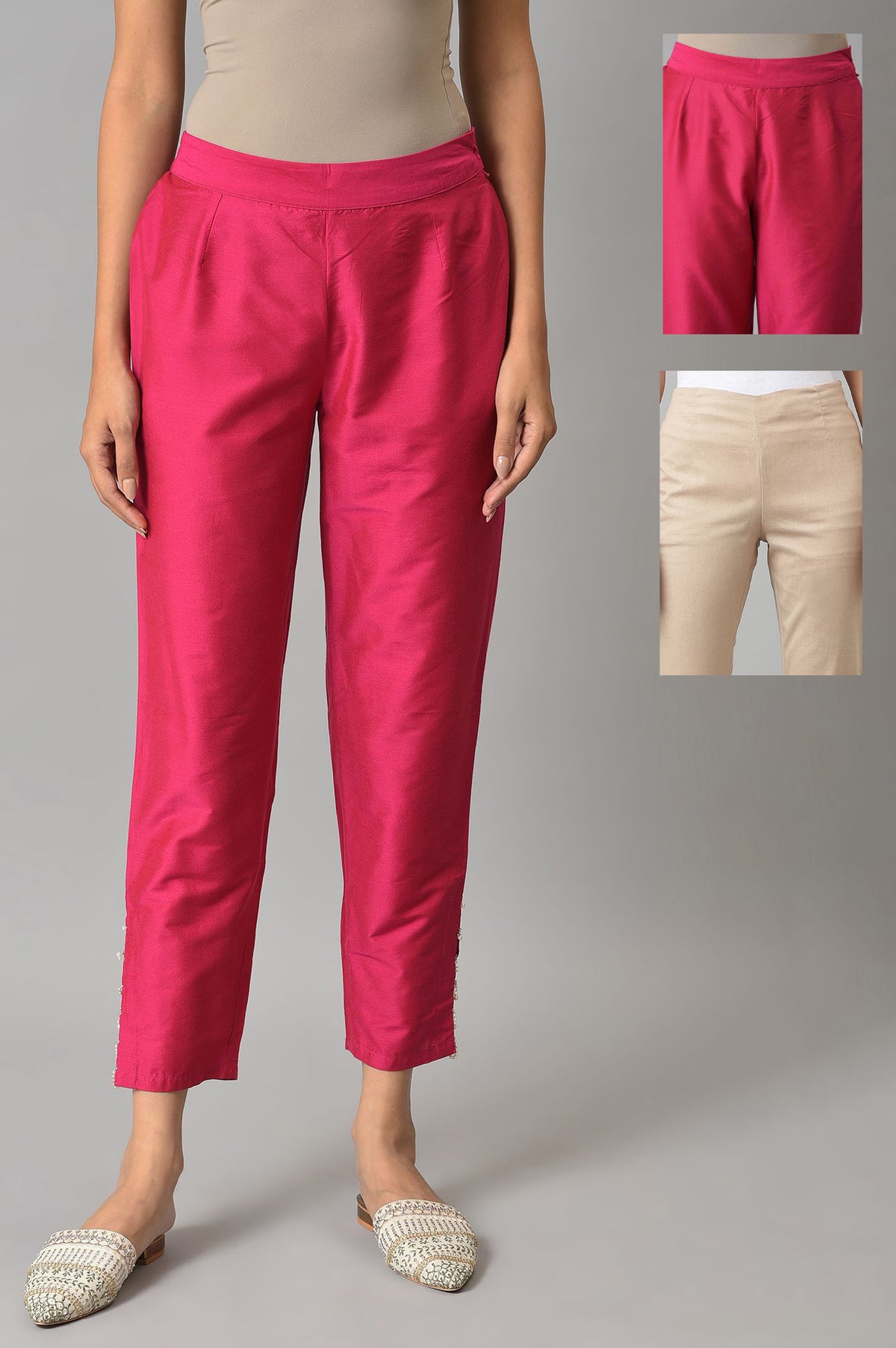 Beige And Dark Pink Slim Pants Combo - XS
