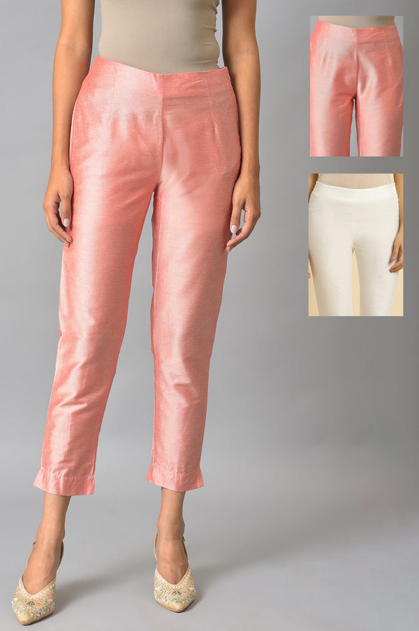 Peach And Embroidered White Slim Pants Combo