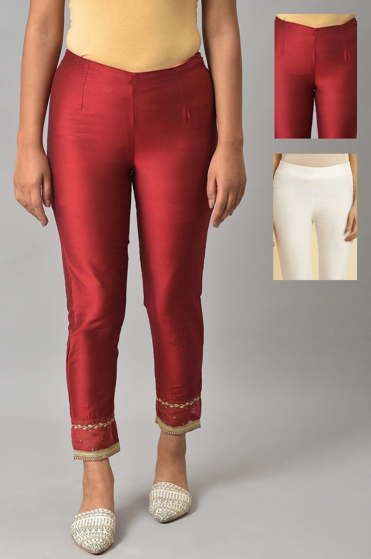 Embroidered Red And White Slim Pants Combo - S