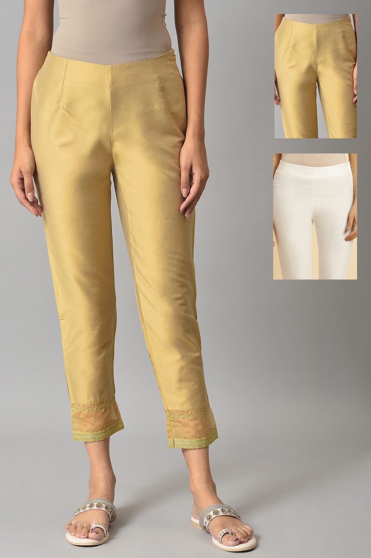 Embroidered Golden And White Slim Pants Combo - S