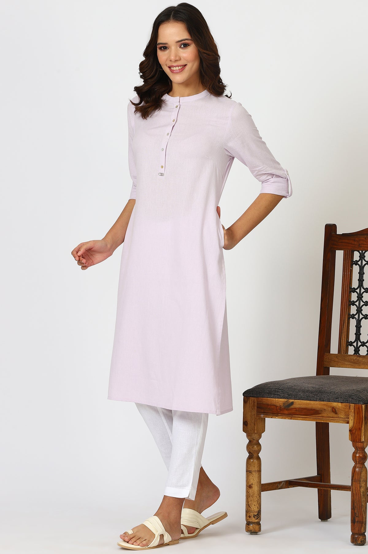 Lilac Mandarin Collar Cotton Blend Straight Kurta With W Branding