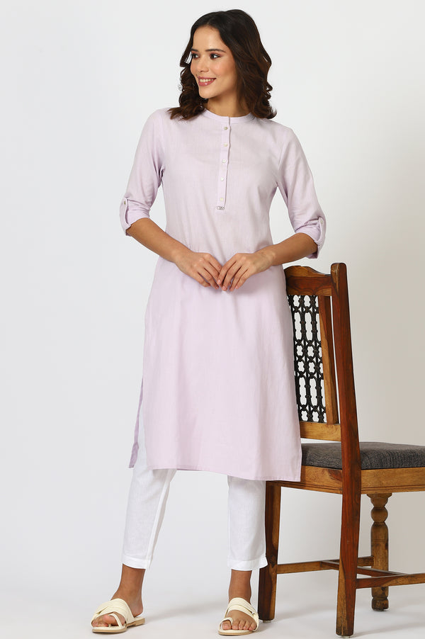 Lilac Mandarin Collar Cotton Blend Straight Kurta With W Branding