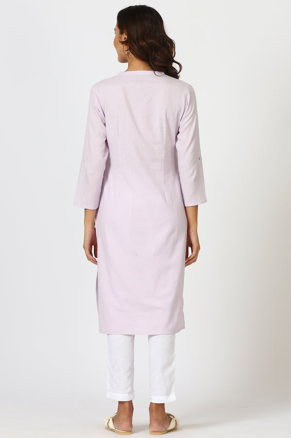 Lilac Mandarin Collar Cotton Blend Straight Kurta With W Branding