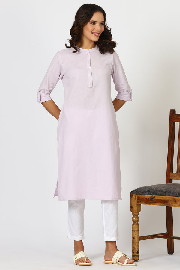Lilac Mandarin Collar Cotton Blend Straight Kurta With W Branding