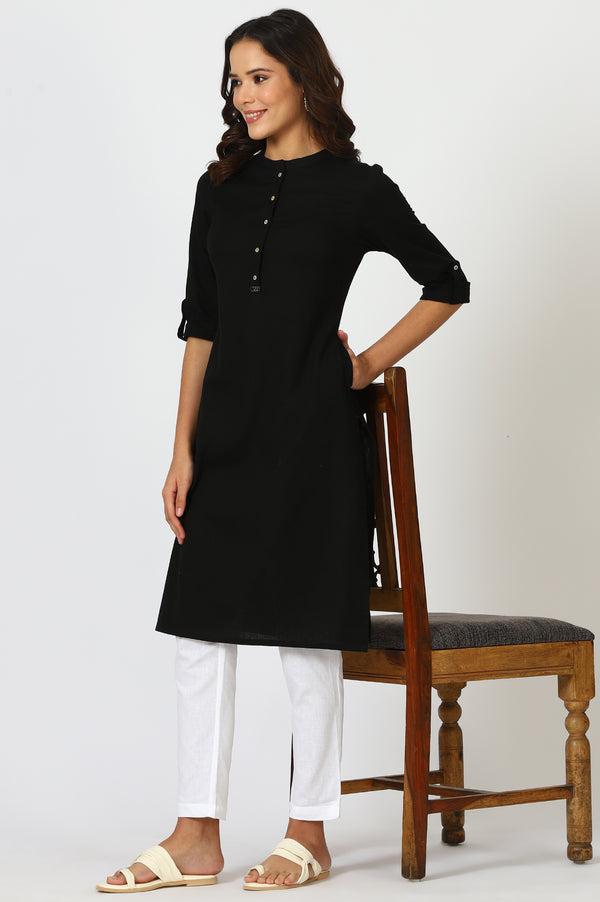 Black Mandarin Collar Cotton Blend Straight Kurta