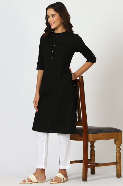 Black Solid Straight Cotton Kurta