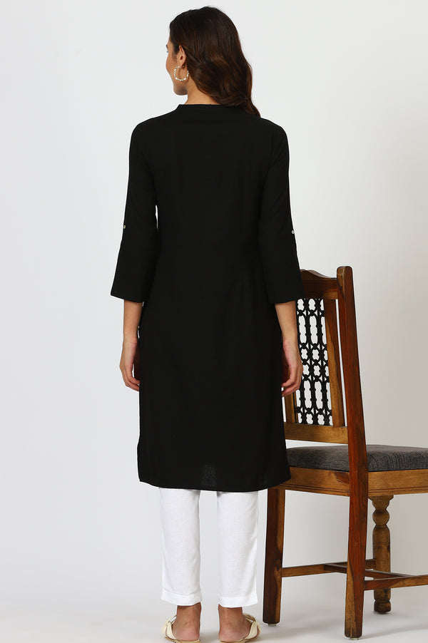 Black Solid Straight Cotton Kurta