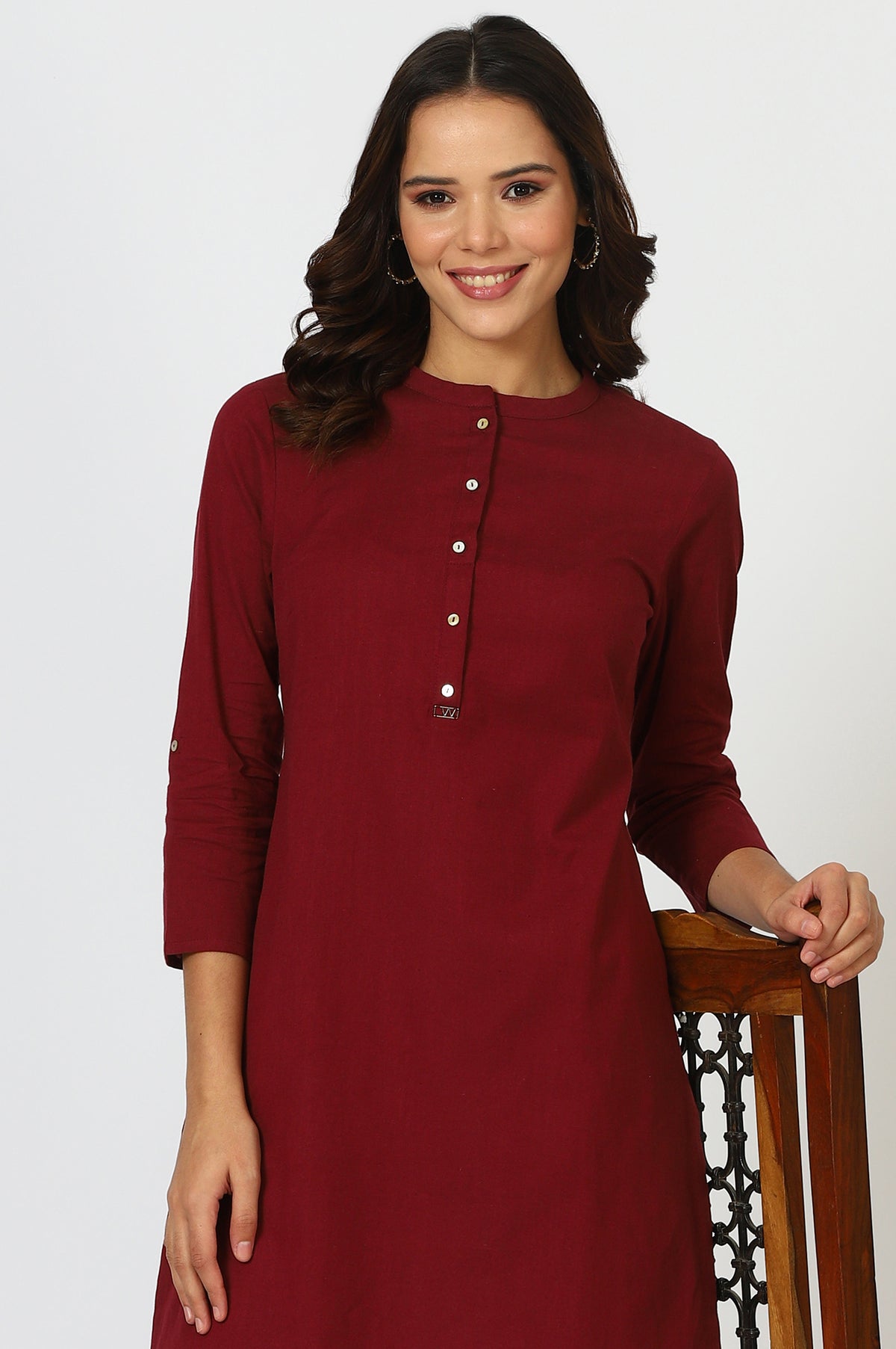 Maroon Solid Straight Cotton Kurta - XS