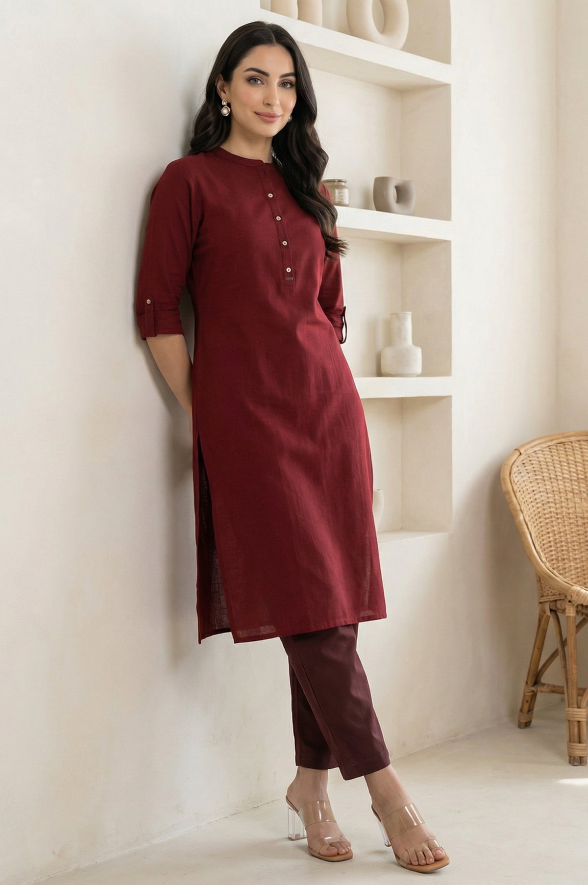 Maroon Mandarin Collar Cotton Blend Straight Kurta With W Branding - XS