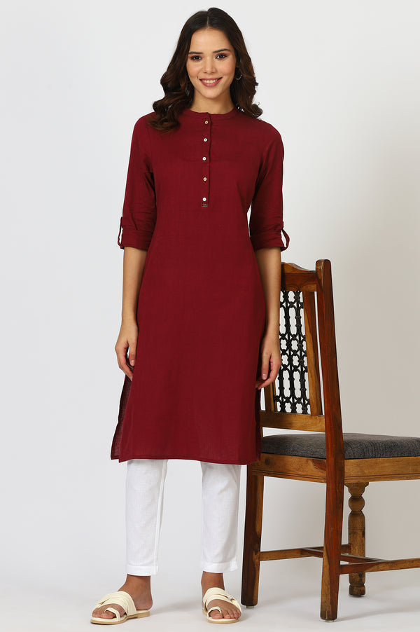 Maroon Mandarin Collar Cotton Blend Straight Kurta With W Branding