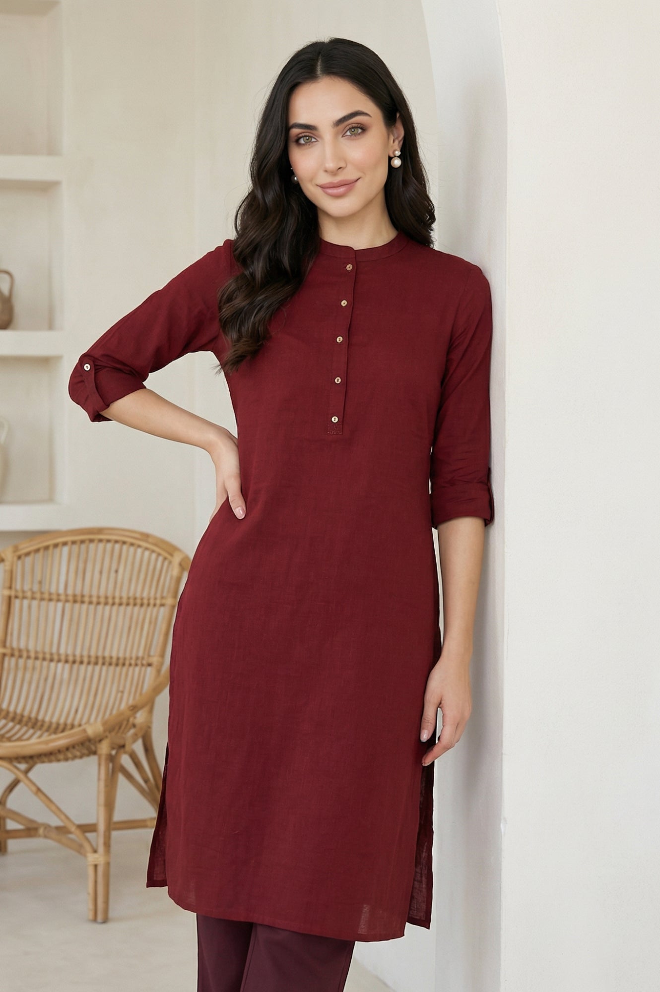 Maroon Mandarin Collar Cotton Blend Straight Kurta With W Branding