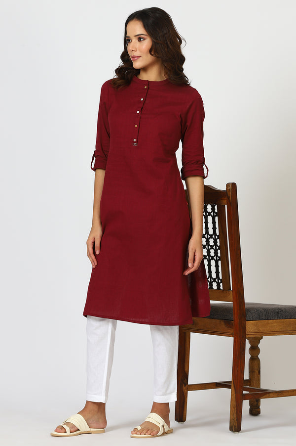 Maroon Mandarin Collar Cotton Blend Straight Kurta With W Branding