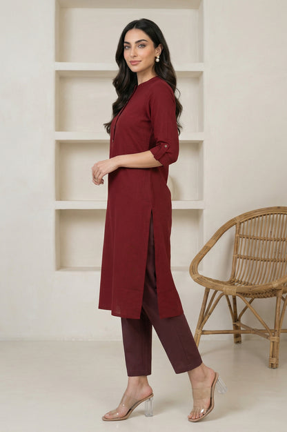 Maroon Mandarin Collar Cotton Blend Straight Kurta With W Branding