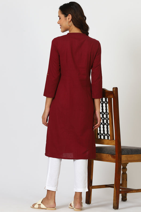 Maroon Mandarin Collar Cotton Blend Straight Kurta With W Branding