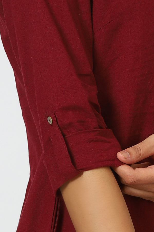 Maroon Mandarin Collar Cotton Blend Straight Kurta With W Branding