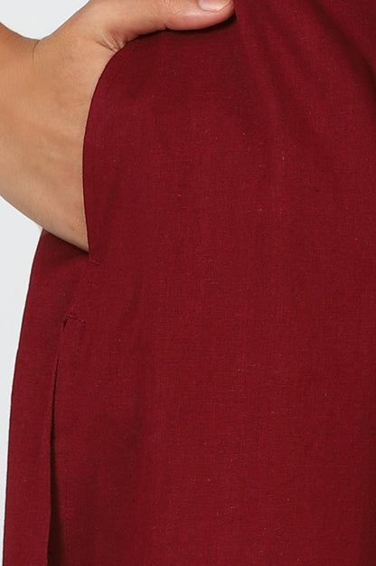 Maroon Mandarin Collar Cotton Blend Straight Kurta With W Branding