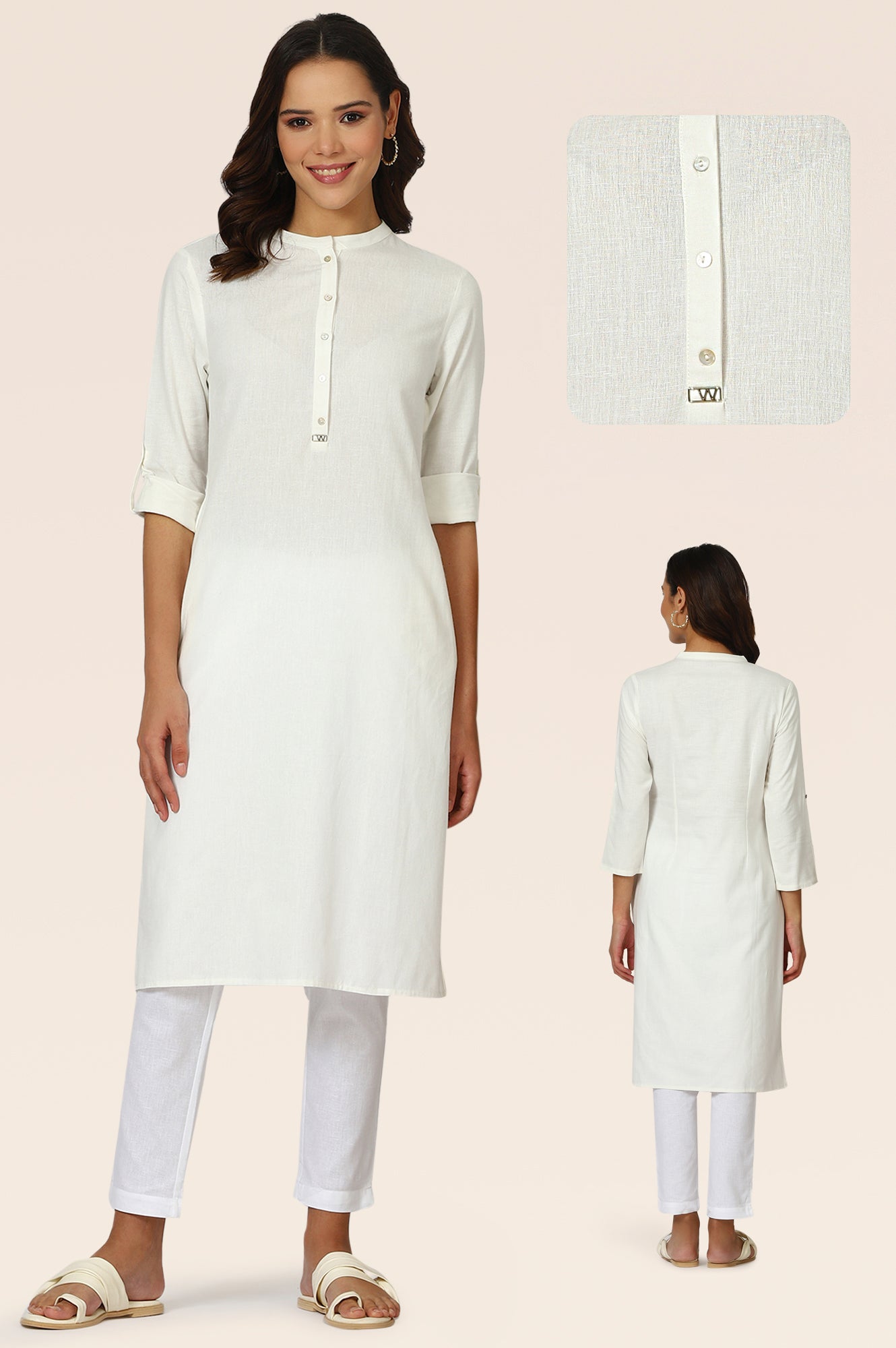 White Mandarin Collar Cotton Blend Straight Kurta With W Branding