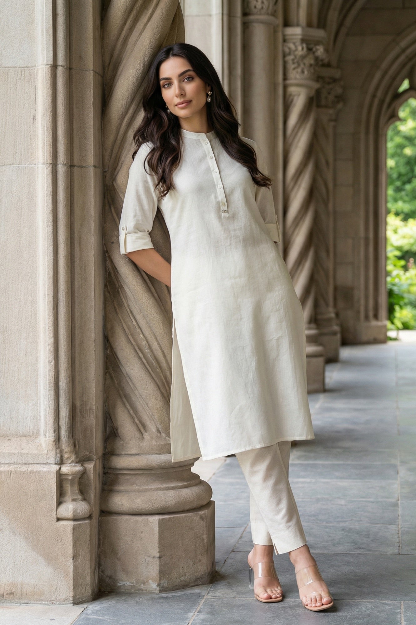 White Mandarin Collar Cotton Blend Straight Kurta With W Branding