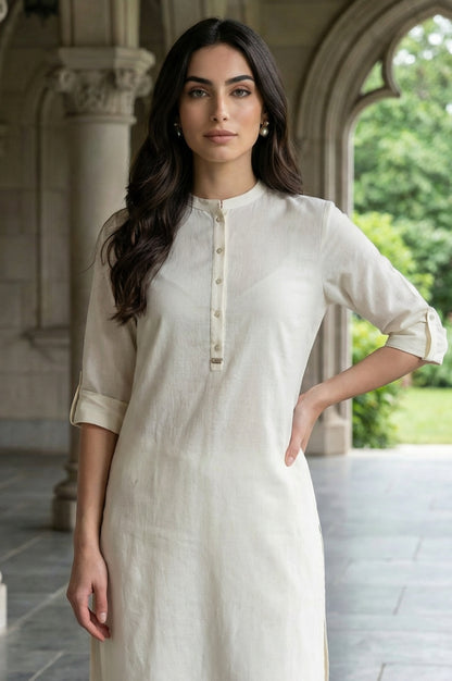 White Mandarin Collar Cotton Blend Straight Kurta With W Branding