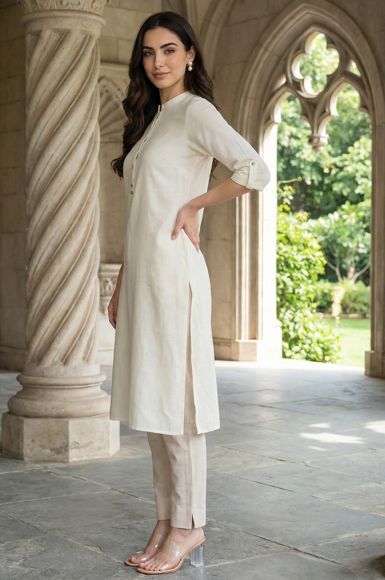 White Mandarin Collar Cotton Blend Straight Kurta With W Branding